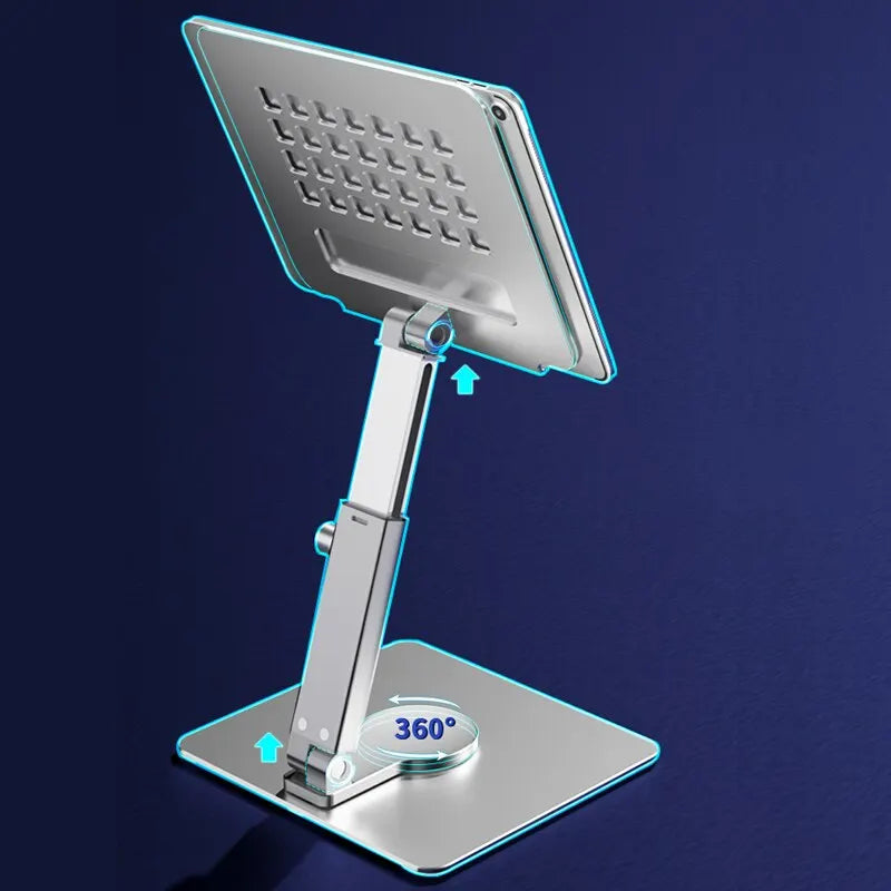 Aluminum Tablet Stand – 360° Rotating Foldable Adjustable Desk Holder for iPad Pro, Air 4, Mini, Xiaomi Tab (4–14 Inch)