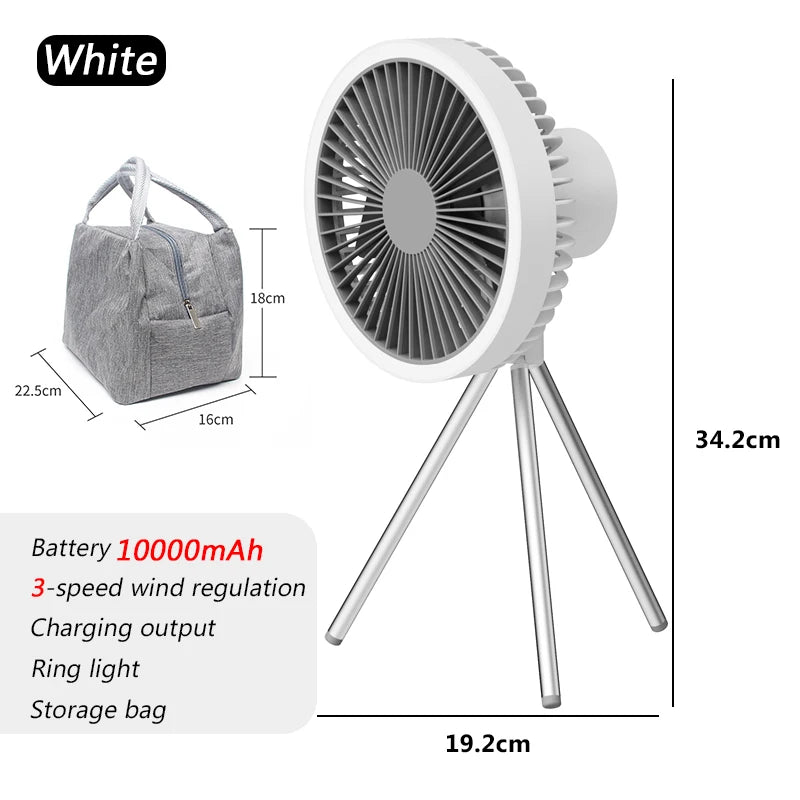 10000mAh Rechargeable Camping Fan – Ceiling & Desk Fan with LED Light and Power Bank Function