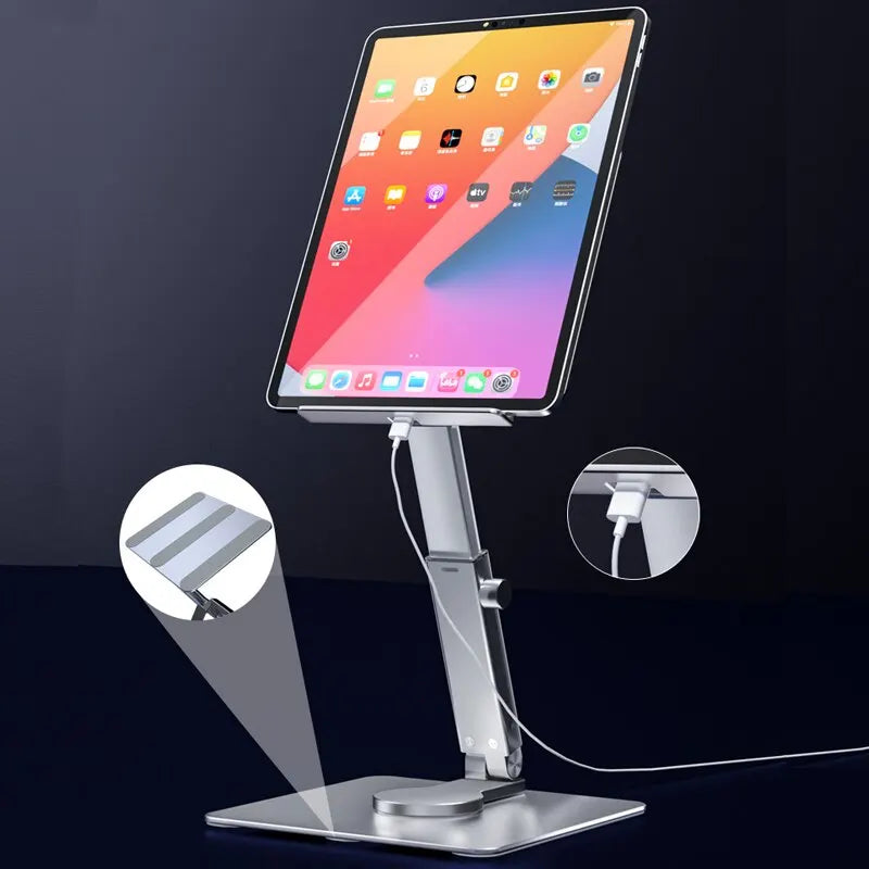 Aluminum Tablet Stand – 360° Rotating Foldable Adjustable Desk Holder for iPad Pro, Air 4, Mini, Xiaomi Tab (4–14 Inch)