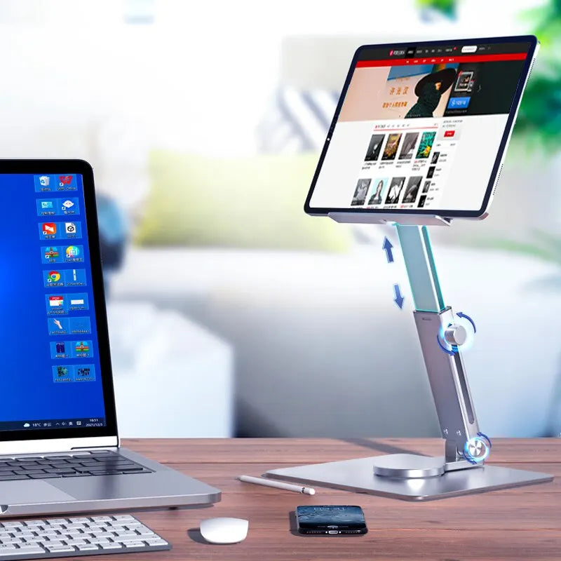 Aluminum Tablet Stand – 360° Rotating Foldable Adjustable Desk Holder for iPad Pro, Air 4, Mini, Xiaomi Tab (4–14 Inch)