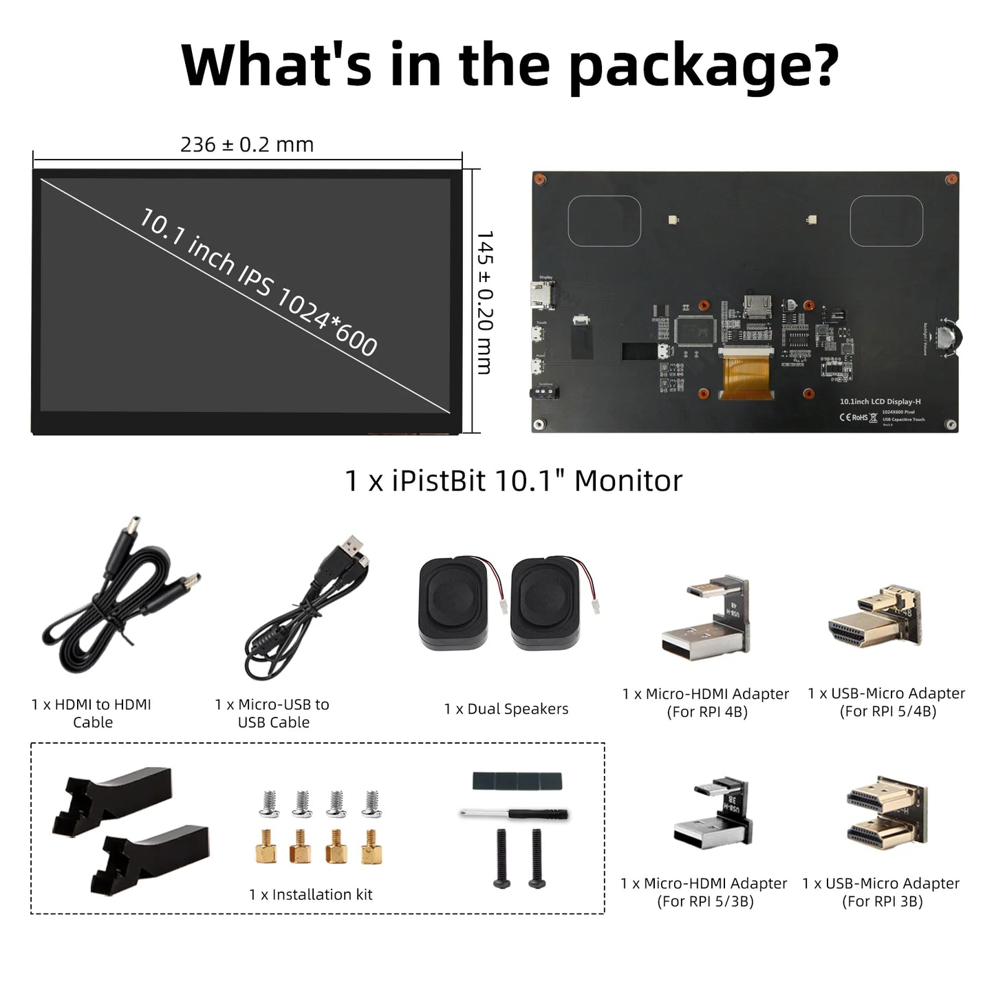 10.1 inch Capacitive Touchscreen，IPS 1024×600, Dual Built-in Speakers, HDMI Monitor Compatible with Raspberry Pi