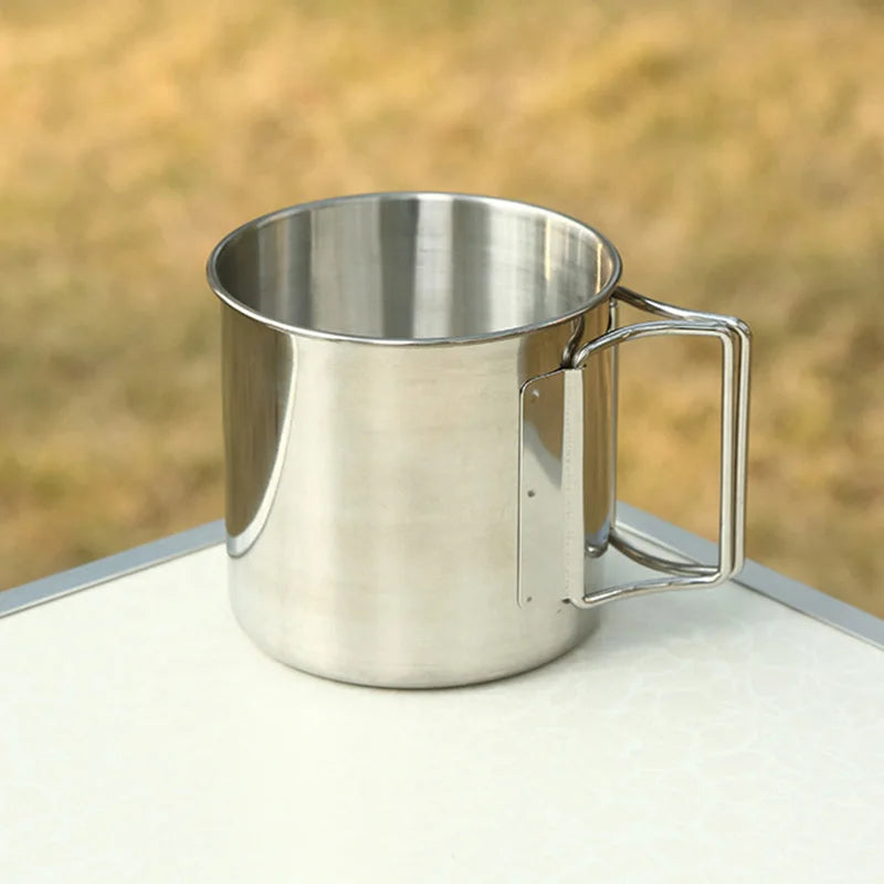 Stainless Steel Camping Cup – 250ml / 350ml / 500ml Portable Outdoor Mug with Carabiner & Foldable Handle