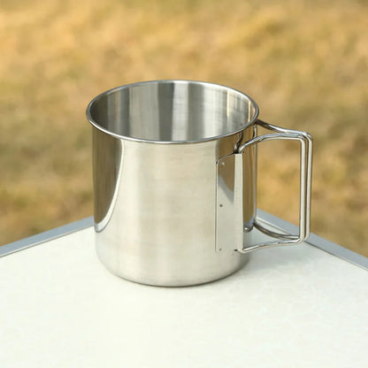 Stainless Steel Camping Cup – 250ml / 350ml / 500ml Portable Outdoor Mug with Carabiner & Foldable Handle