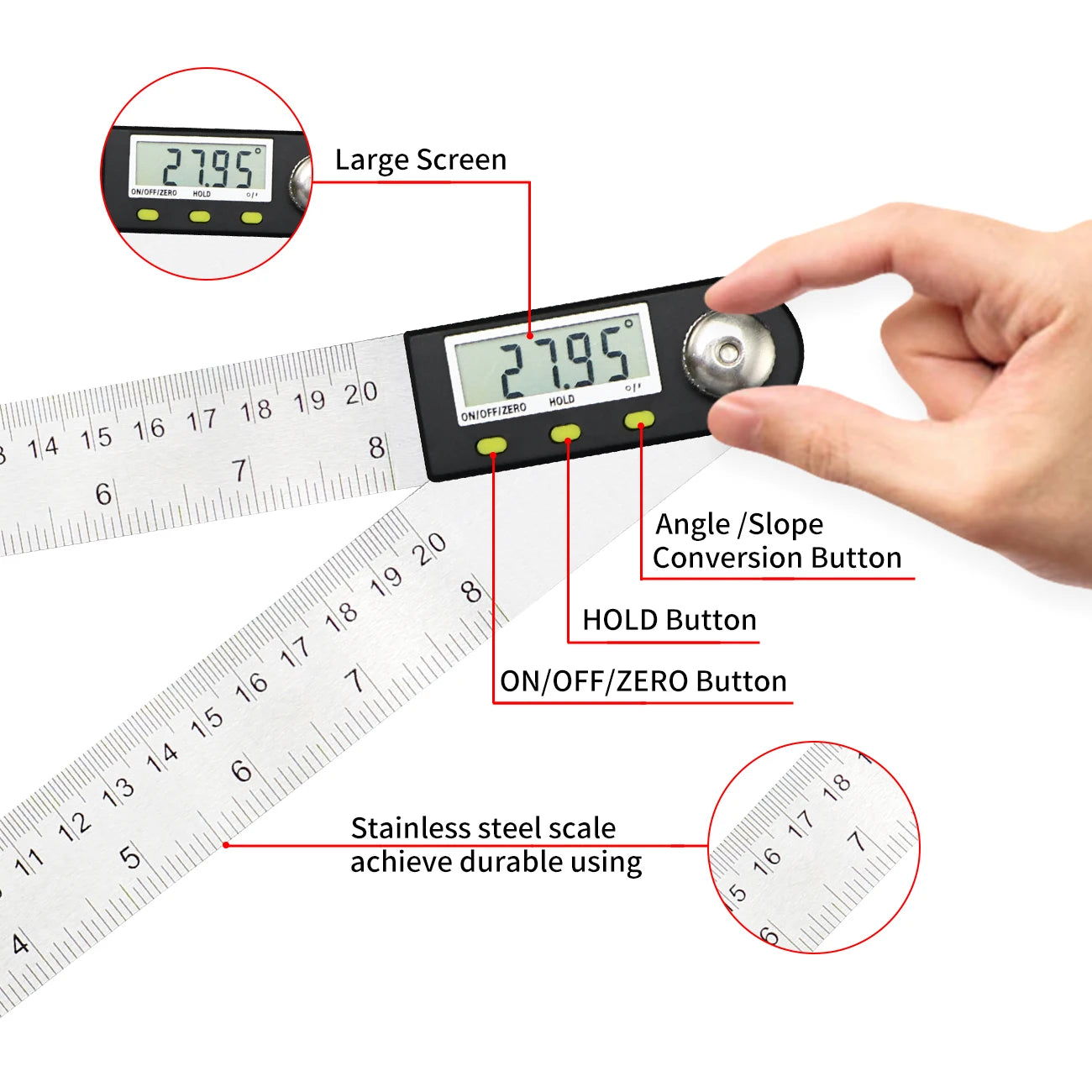 Shahe 0-200/300mm Digital Protractor Angle Ruler – Electronic Goniometer Measuring Tool