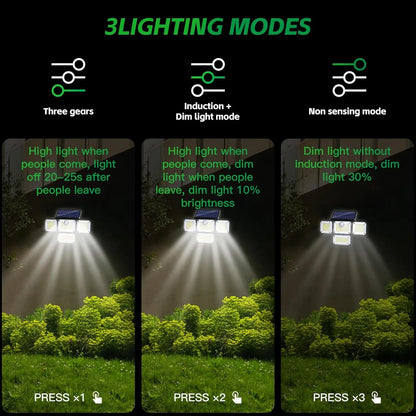 مصباح شمسي خارجي بمستشعر حركة - عبوة واحدة - مصباح كاشف بأربعة رؤوس و122 مصباح LED، يغطي زاوية 270 درجة، بقوة 3000 لومن ويعمل بالطاقة الشمسية