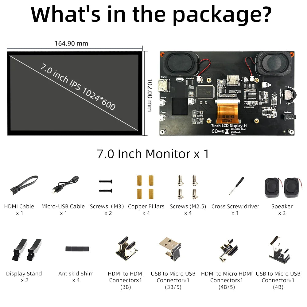 10.1 inch Capacitive Touchscreen，IPS 1024×600, Dual Built-in Speakers, HDMI Monitor Compatible with Raspberry Pi
