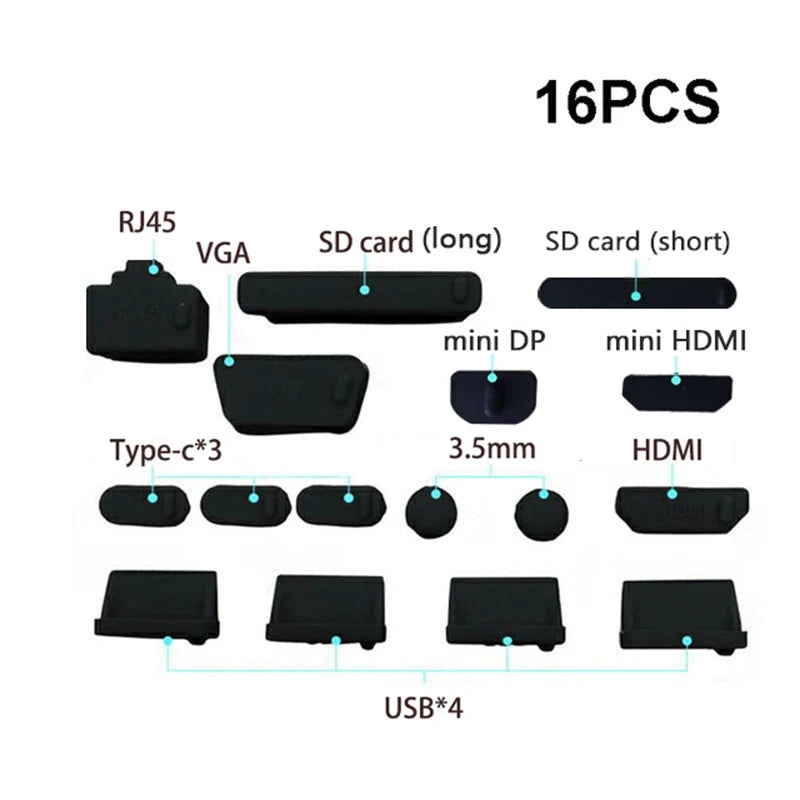 16Pcs Universal Anti-Dust Silicone Notebook Port Plug – Elastic USB & Laptop Port Protectors