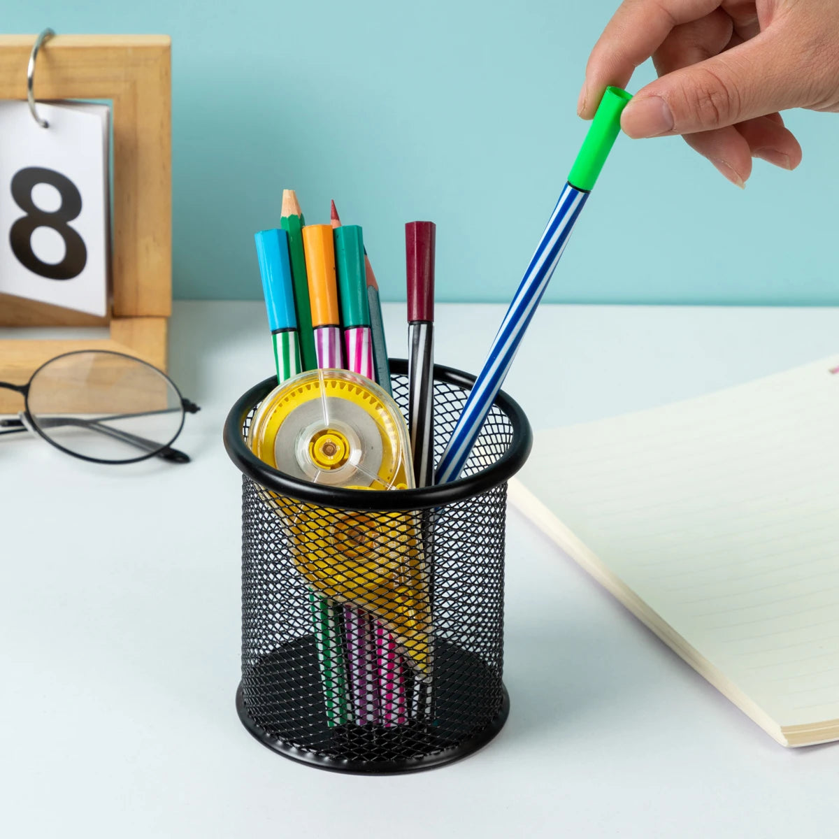 Metal Mesh Pencil Holder – Square/Round Desk Organizer for Office Supplies