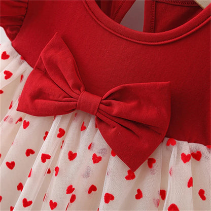 Baby Girl Red Dress with Heart Embroidery – Sweet Mesh Bow Tutu Dress for Birthday Party & Summer Wear