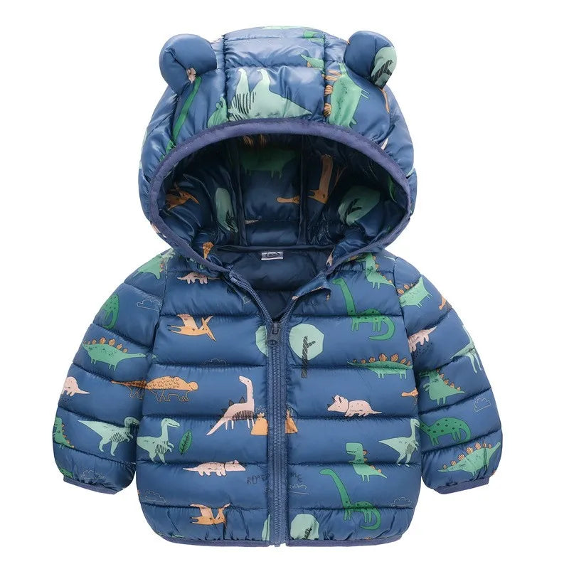 Children’s Lightweight Down Jacket with Hood – Boys Girls Autumn Dinosaur Print Coat
