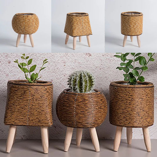 Nordic Rattan Plant Stand – Woven Flower Pot with Legs for Home & Garden