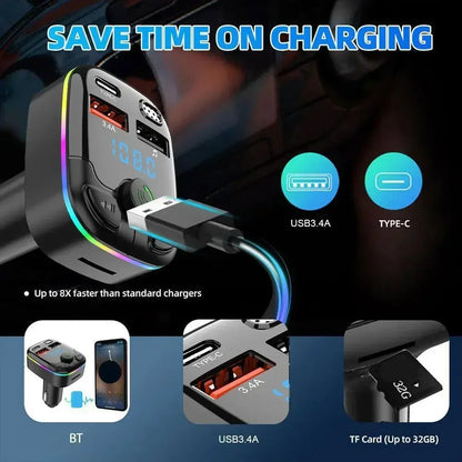 Car FM Transmitter PD Type-C Dual USB Ambient Player MP3 Bluetooth 5.0  Fast Charger Type-C Wireless Light Handsfree PD