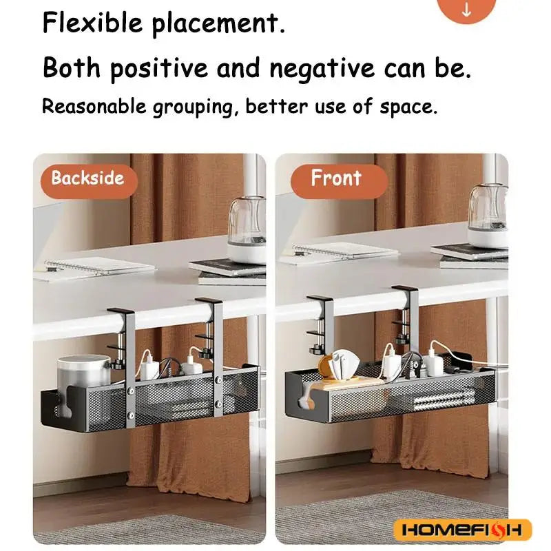 Under Table Storage Rack – Metal Cable Management Tray & Wire Organizer for Home & Office Desk