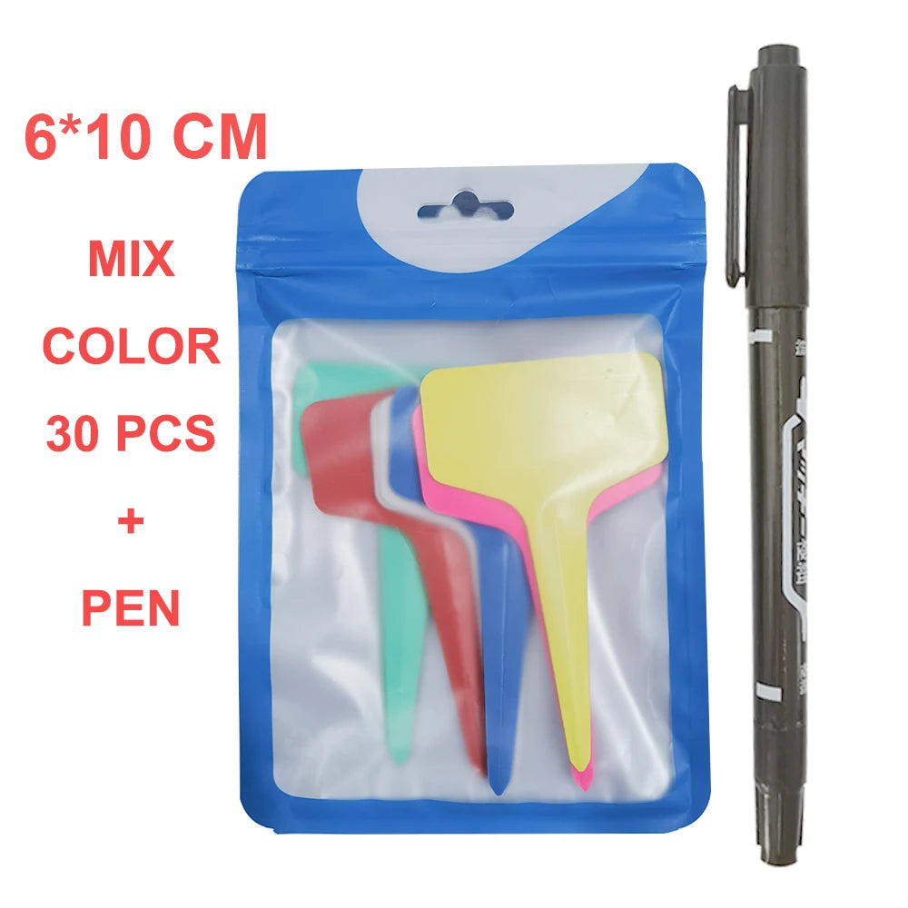 30Pcs T-Shape Plant Labels with Pen – Waterproof Garden Markers for Seedlings & Pots (10CM, 6 Colors)