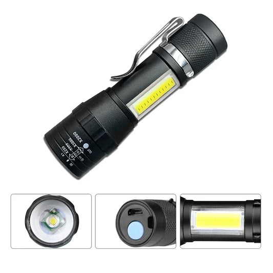 COB + XPE Mini USB Rechargeable Flashlight – Zoomable Small Torch with Clip, 350 Lumens, Waterproof Emergency Light for Camping, Hiking, Fishing