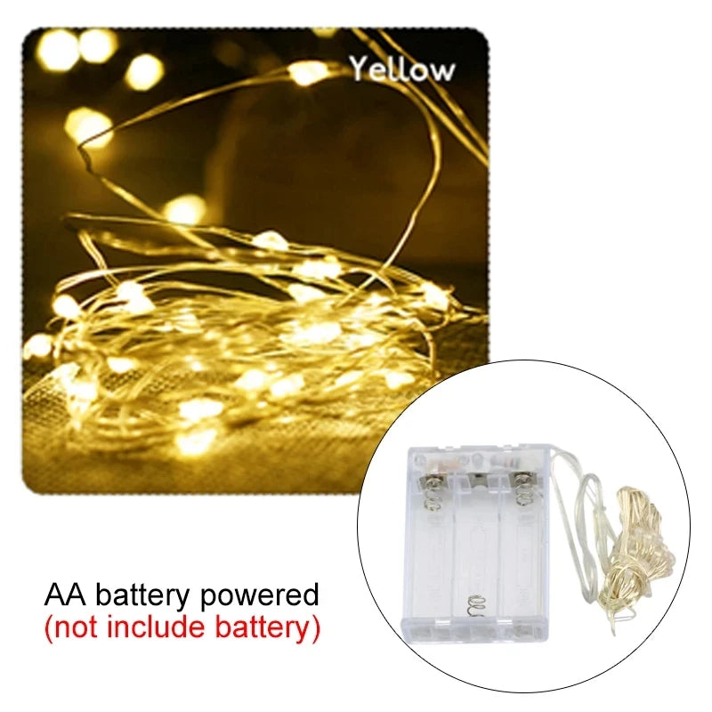 سلسلة أضواء زينة LED من أسلاك نحاسية تعمل بالبطارية - مقاومة للماء من 2 إلى 10 أمتار - مثالية لتزيين حفلات الزفاف وأعياد الميلاد