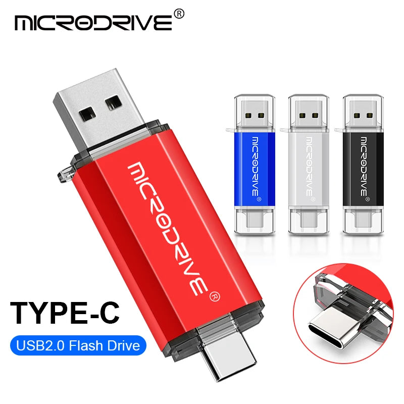 محرك أقراص فلاش USB من النوع C بتقنية OTG 2 في 1، يدعم USB 2.0 وMicro USB، متوفر بسعات 128 جيجابايت، 64 جيجابايت، 32 جيجابايت، 16 جيجابايت، 8 جيجابايت، و4 جيجابايت.