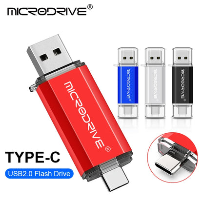 محرك أقراص فلاش USB من النوع C بتقنية OTG 2 في 1، يدعم USB 2.0 وMicro USB، متوفر بسعات 128 جيجابايت، 64 جيجابايت، 32 جيجابايت، 16 جيجابايت، 8 جيجابايت، و4 جيجابايت.