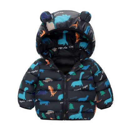 Children’s Lightweight Down Jacket with Hood – Boys Girls Autumn Dinosaur Print Coat