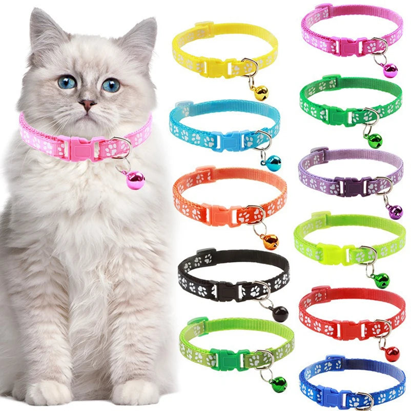Adjustable Cat Collar with Bell – Dog Print Pet Necklace in Multiple Colors