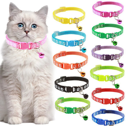Adjustable Cat Collar with Bell – Dog Print Pet Necklace in Multiple Colors