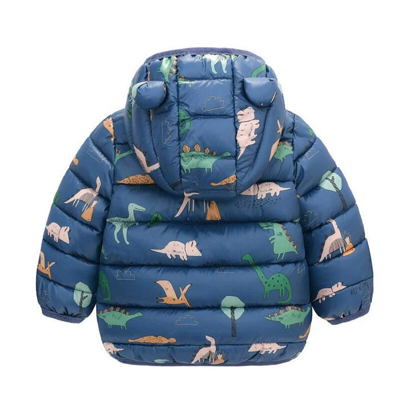 Children’s Lightweight Down Jacket with Hood – Boys Girls Autumn Dinosaur Print Coat