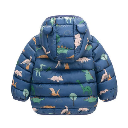 Children’s Lightweight Down Jacket with Hood – Boys Girls Autumn Dinosaur Print Coat