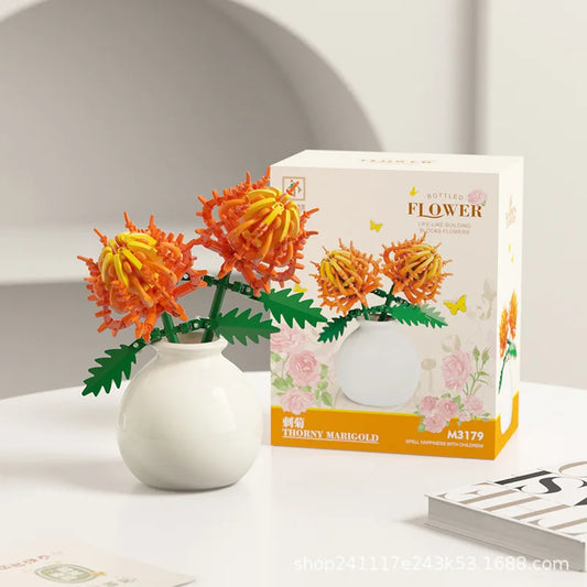 مجموعة مكعبات بناء الزهور مع وعاء - مجموعة باقة زهور يمكنك صنعها بنفسك مع ورود وزنابق ومزهرية عرض مزخرفة