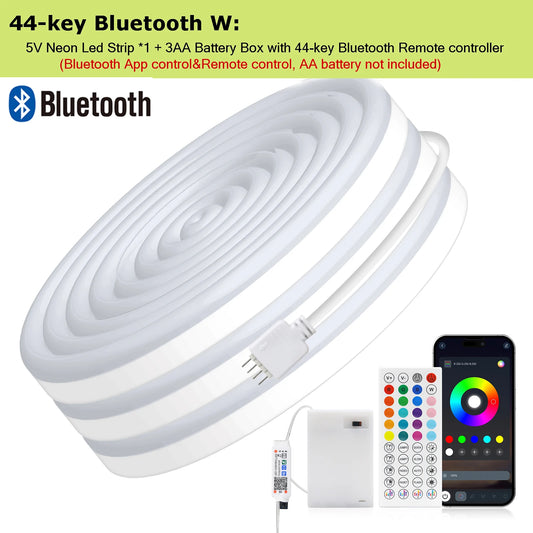 3AA Battery Box RGB Neon LED Strip Light – 5V 108 LEDs/M Waterproof Flexible Neon Strip with Bluetooth & Remote Control