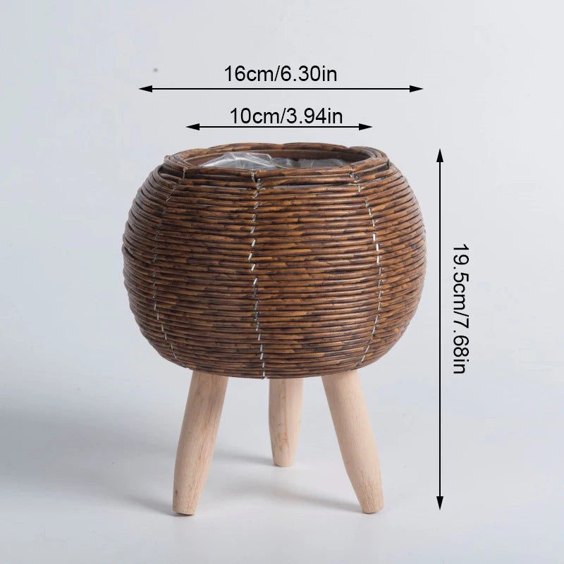 Nordic Rattan Plant Stand – Woven Flower Pot with Legs for Home & Garden
