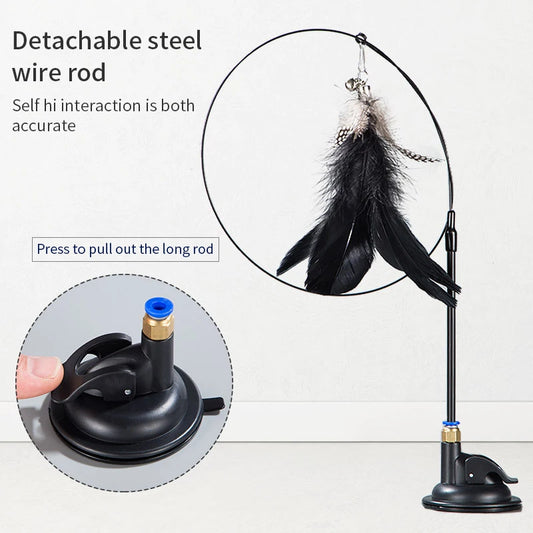 Interactive Handfree Cat Toy – Feather Teaser Wand with Suction Cup for Kitten Play