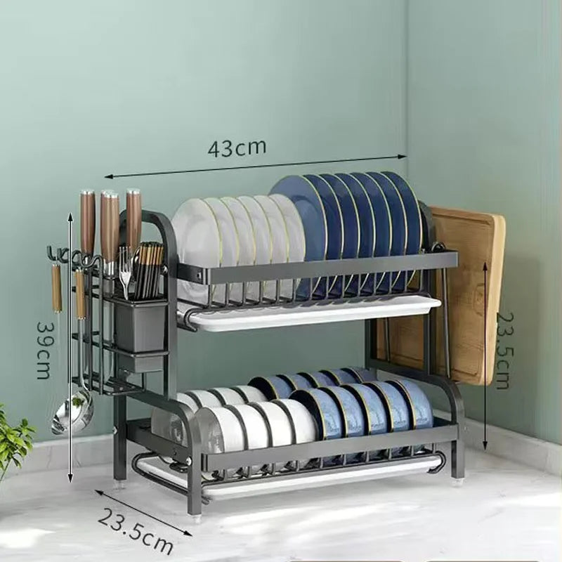 Multi-Functional 1/2-Tier Kitchen Dish Rack with Chopsticks, Knives & Cutting Board Holder – Space-Saving Sink Storage & Draining Rack