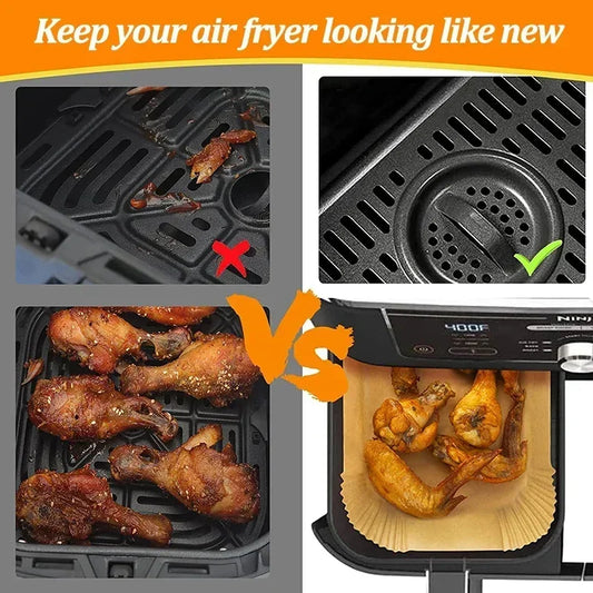 Extra Large Rectangular Paper Air Fryer Liners - Non-Stick, Easy Clean, Space Saving, Oven Safe, Disposable Paper Baskets And Bo