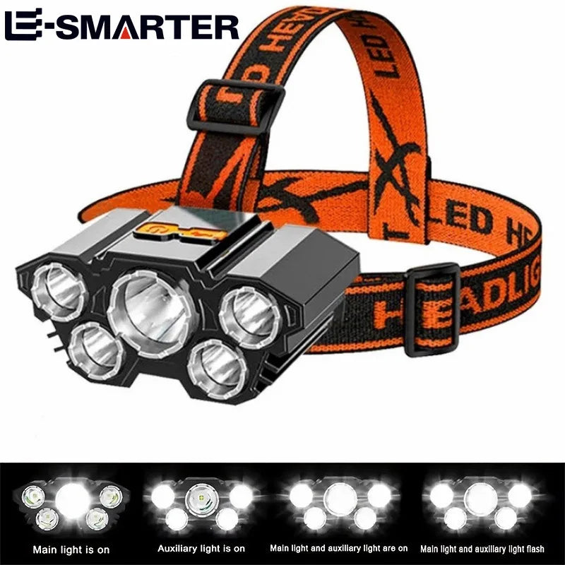 5 LED Rechargeable Headlamp with Built-in Lithium Battery – Waterproof Strong Headlight for Camping, Fishing & Cycling