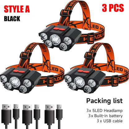 5 LED Rechargeable Headlamp with Built-in Lithium Battery – Waterproof Strong Headlight for Camping, Fishing & Cycling