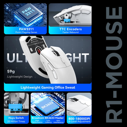 ماوس ألعاب لاسلكي بتقنية بلوتوث Attack Shark R1، مزود بمستشعر PAW3311، ومعدل ارتداد 1000 هرتز، وثلاثة أوضاع، وتصميم مريح، وقابل لإعادة الشحن. 