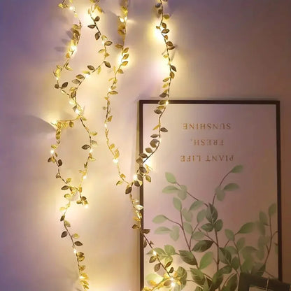 20/50/100LEDs Golden Silver Tiny Leaves Fairy Light Battery Powerd Artificial Plant Garland Vine Lights for Wedding Home Party