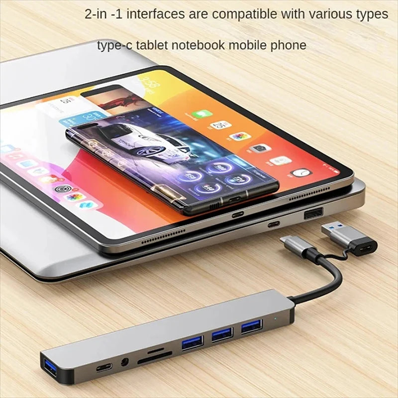موزع USB-C، مقسم USB، موسع USB 8 في 1 مع 4 منافذ USB ومنفذ USB-C واحد وقارئ بطاقات TF/SD ومخرج صوت، متوافق مع أجهزة MacBook 