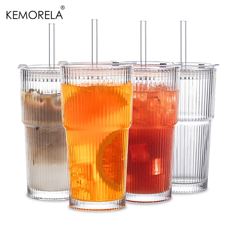 600ML Stripe Glass Coffee Cup with Lid – Transparent Juice & Iced Coffee Mug, Cold Drink Glassware without Straw