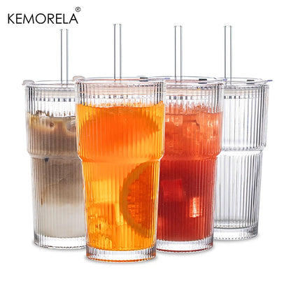 600ML Stripe Glass Coffee Cup with Lid – Transparent Juice & Iced Coffee Mug, Cold Drink Glassware without Straw