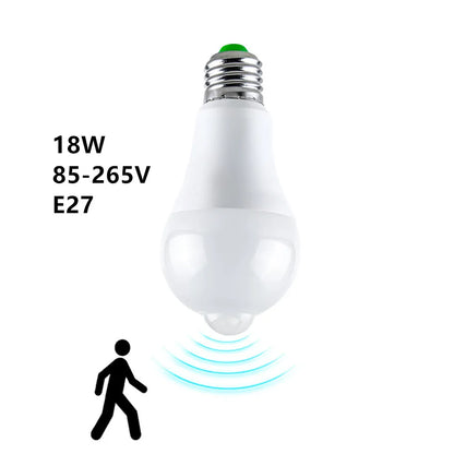 مصباح LED بمستشعر حركة E27، يعمل بجهد 85-265 فولت، مزود بمستشعر حركة PIR، تشغيل/إيقاف تلقائي، مناسب للإضاءة الليلية، مثالي للشرفات والسلالم والجراجات، ولأغراض الأمن. 