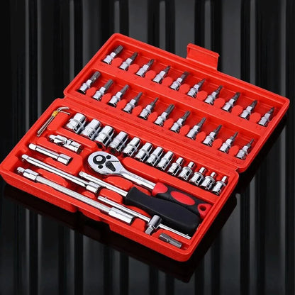 46PCS Car Repair Tool Kit – 1/4-Inch Socket & Ratchet Set for Auto Maintenance & Torque Wrench Jobs