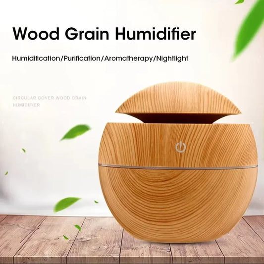 Mini Woodgrain USB Humidifier – Ultrasonic Aromatherapy Diffuser with Color Night Light