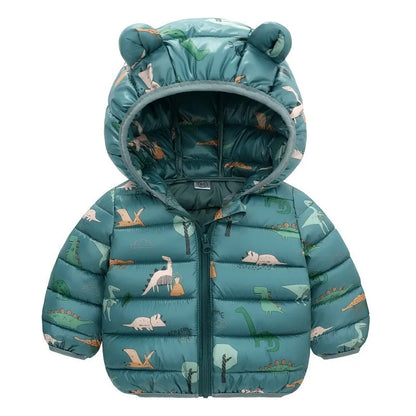 Children’s Lightweight Down Jacket with Hood – Boys Girls Autumn Dinosaur Print Coat