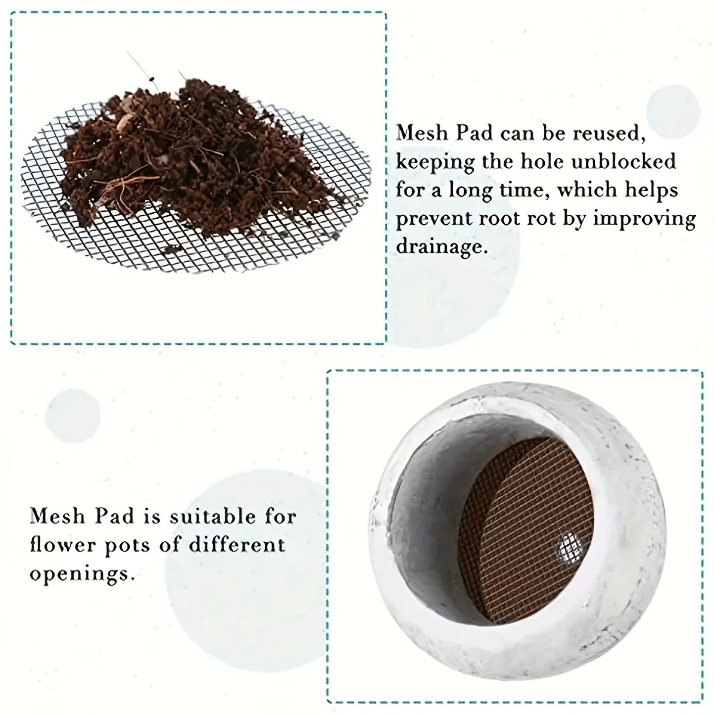 50PCS Breathable Mesh Pads – Soil Drainage Gaskets for Flower Pots & Planters