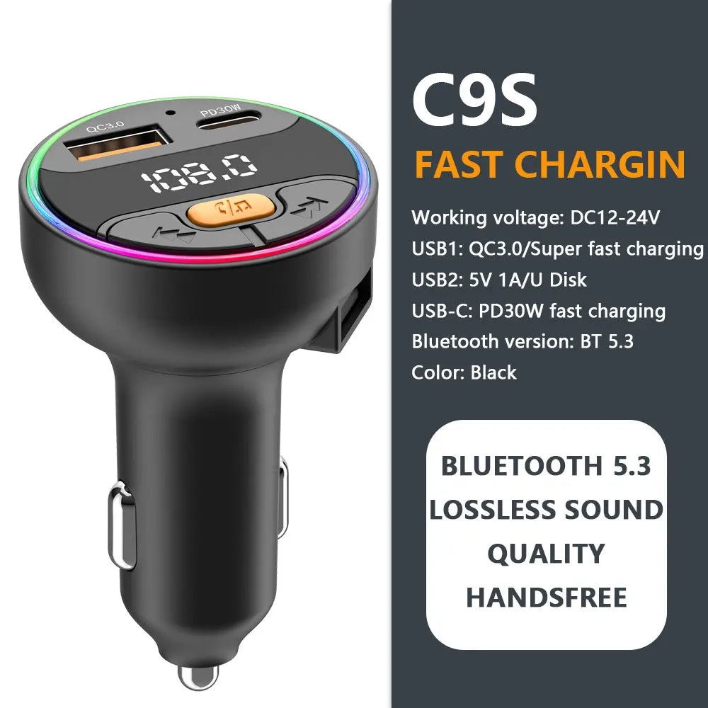 Bluetooth 5.3 FM Transmitter Handsfree Car AUX Radio Modulator MP3 Player with 22.5W & PD30W Fast Charge Adapter Car Accessories