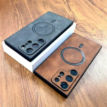 Vintage PU Leather MagSafe Case – Wireless Charging Compatible Cover for Samsung Galaxy S25 S24 S23 S22 S21 Ultra Plus FE Note 20
