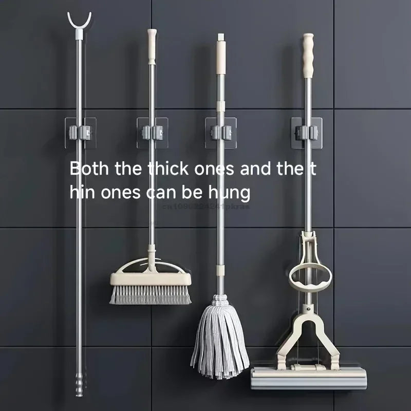 Self-adhesive Mop Holder – Wall Mounted Broom Stand & Brush Hook Storage Organizer