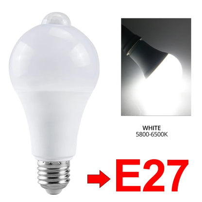 مصباح LED بمستشعر حركة E27، يعمل بجهد 85-265 فولت، مزود بمستشعر حركة PIR، تشغيل/إيقاف تلقائي، مناسب للإضاءة الليلية، مثالي للشرفات والسلالم والجراجات، ولأغراض الأمن. 