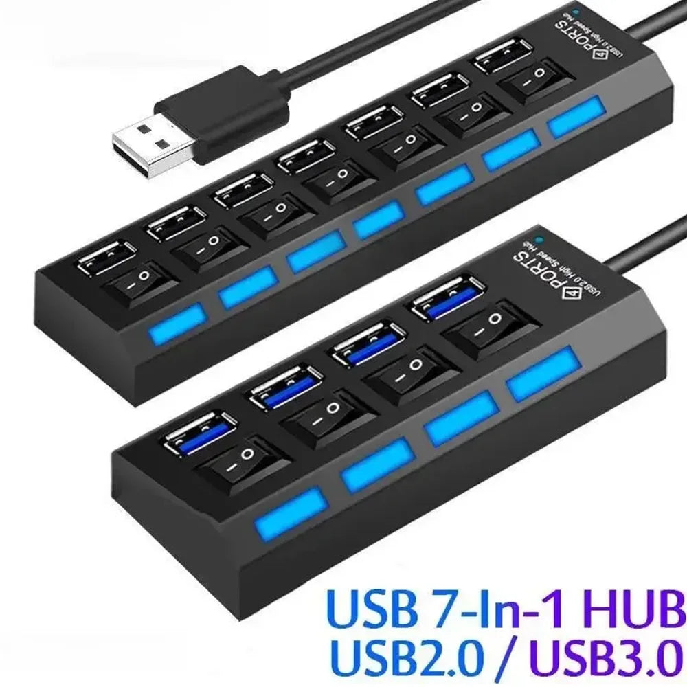 موزع USB 2.0 بسبعة منافذ، موزع USB للكمبيوتر، موزع USB One Drag Seven USB 2.0 للكمبيوتر الشخصي، الكمبيوتر المحمول، الكمبيوتر المكتبي 